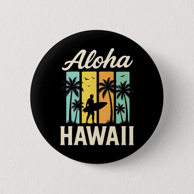 Aloha Hawaii - Surfande Strand Palmtree Solnedgång Knapp (Framsida)