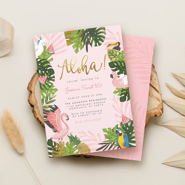 Aloha Hawaii Tropical Summer Guld Födelsedagsfest Inbjudningar (Skapare uppladdad)