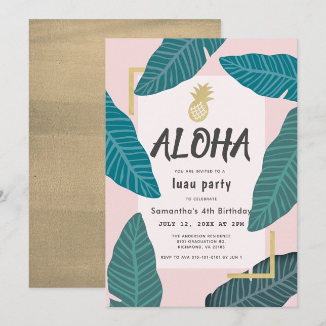 Aloha Hawaiian Luau Pineapple  Rosa Birthday Inbjudningar (Fram/baksida)