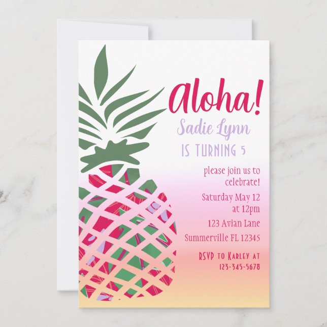 Aloha Hawaiian Pineapple Girls Birthday Inbjudningar (Framsida)