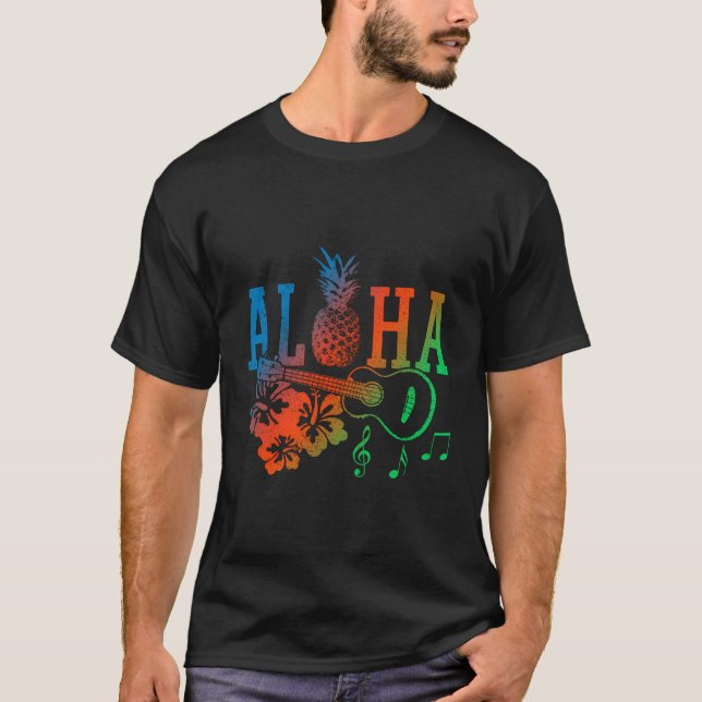 Aloha Hawaiian Pineapple Ukulele Hibiscus Summer G T Shirt (Framsida)