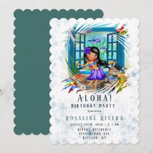 Aloha Hawaiian Pretton Girl Födelsedagsfest Inbjudningar
