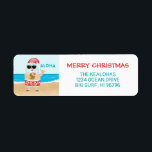 Aloha Hawaiian Santa Beach jul Adress Returadress Etikett<br><div class="desc">Jultomten på hawaiiska returetiketter har en tropisk strand i rött och vitt hibiscus mönster kort från en ananas, med en "Aloha" hälsning i turkosblått. Anpassa med din returadress och Julhälsningar (visas med "God jul", men du kan ändra den till Mele Kalikimaka eller så flyter spelar ingen roll din båt!). Originalteckningen...</div>