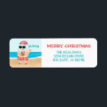 Aloha Hawaiian Santa Beach jul Adress Returadress Etikett<br><div class="desc">Jultomten på hawaiiska returetiketter har en tropisk strand i rött och vitt hibiscus mönster kort från en ananas, med en "Aloha" hälsning i turkosblått. Anpassa med din returadress och Julhälsningar (visas med "God jul", men du kan ändra den till Mele Kalikimaka eller så flyter spelar ingen roll din båt!). Originalteckningen...</div>