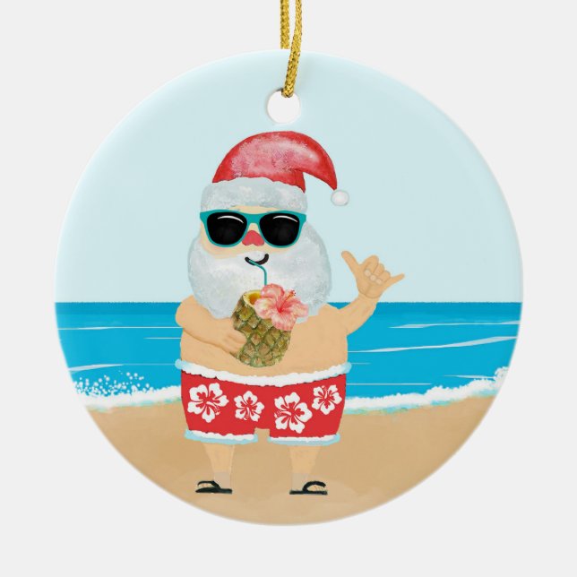Aloha Hawaiian Santa Tropical Beach jul Julgransprydnad Keramik (Framsidan)