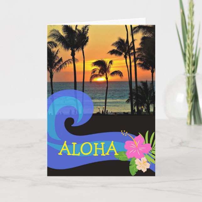 Aloha Hawaiian Sunset Handflatan Träd Bevackra dag Kort (Framsida)
