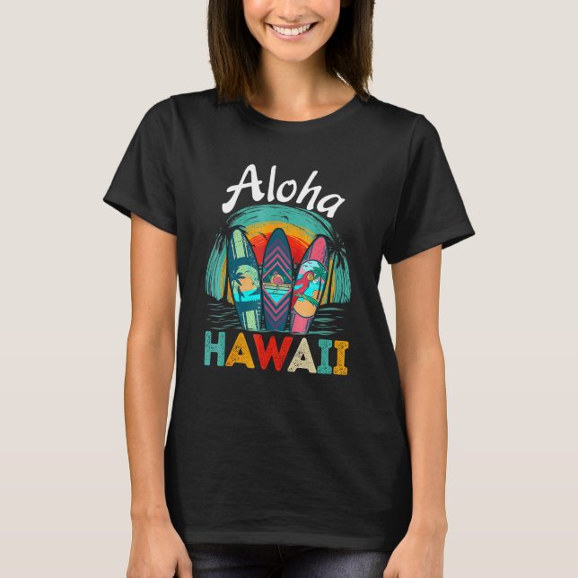 Aloha Hawaiian Surfboard Surfer Retro Summer Sunse T Shirt (Framsida)