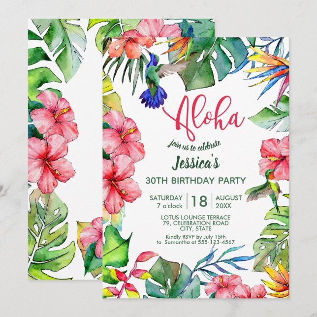 Aloha Hawaiian Tropical Flowers Birthday Inbjudningar (Fram/baksida)