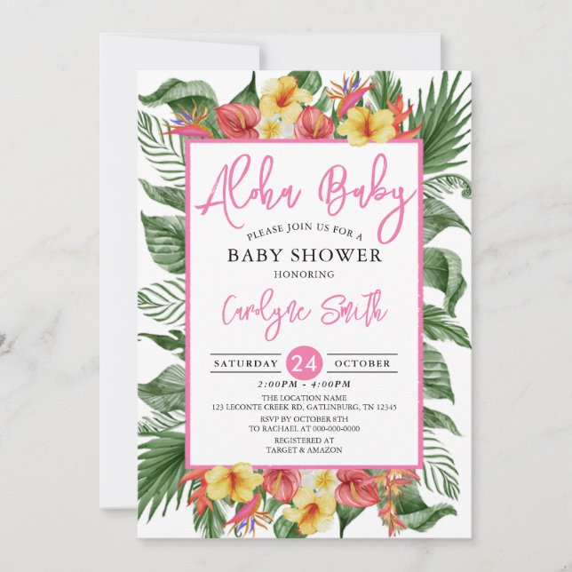 Aloha Hawaiian Tropical Rosa Girl Baby Shower Inbjudningar (Framsida)