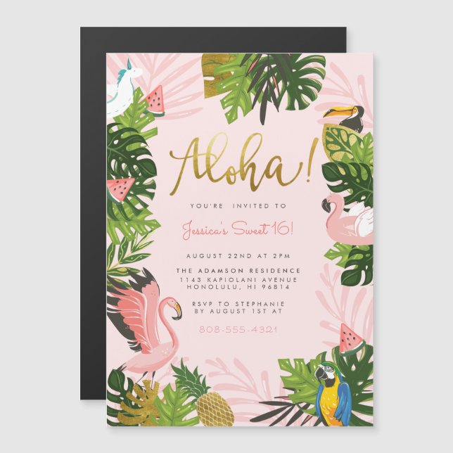 Aloha! | Hawaiian Tropical Summer Flamingo Party Magnetisk Inbjudningskort (Fram/baksida)