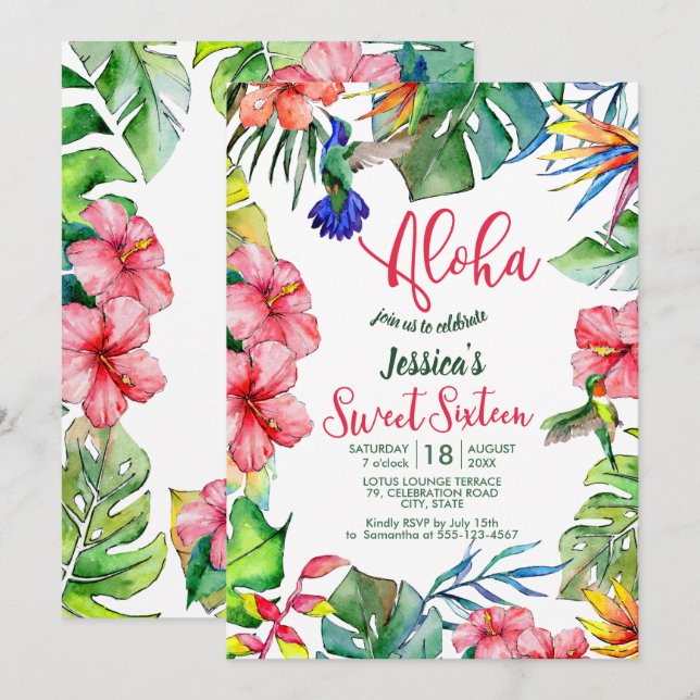 Aloha Hawaiian Tropical Sweet sixteen Inbjudningar (Fram/baksida)