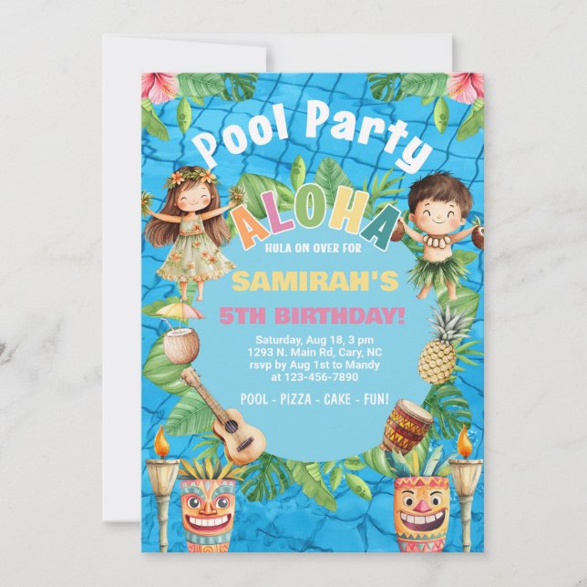 Aloha hawaiianskt pool födelsedagsinbjudan, hula k inbjudningar (Framsida)