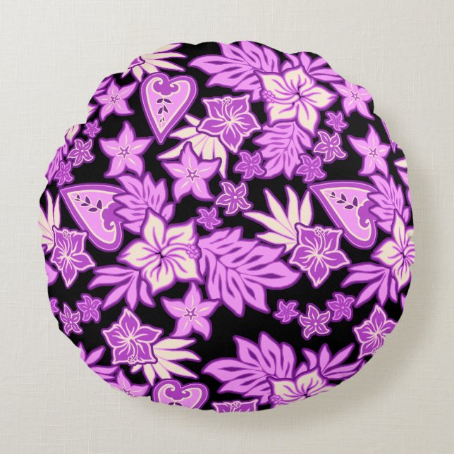 Aloha Heart Hawaiian Hibiskus Tropisk Rund Kudde (Framsidan)