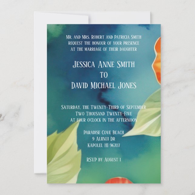 Aloha Hibiskus Tropiskt Akvarell Blommig Bröllop Inbjudningar (Baksida)