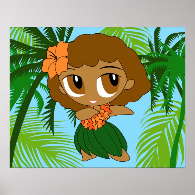 Aloha Honeys Hawaiian Brown Hair Hula Girl Poster (Framsidan)