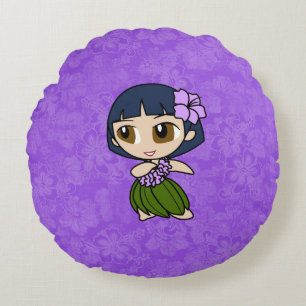 Aloha Honeys Lila Hula Girl Hawaiian Hibiscus Rund Kudde