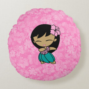 Aloha Honeys Rosa Hula Girl Hawaiian Hibiscus Rund Kudde