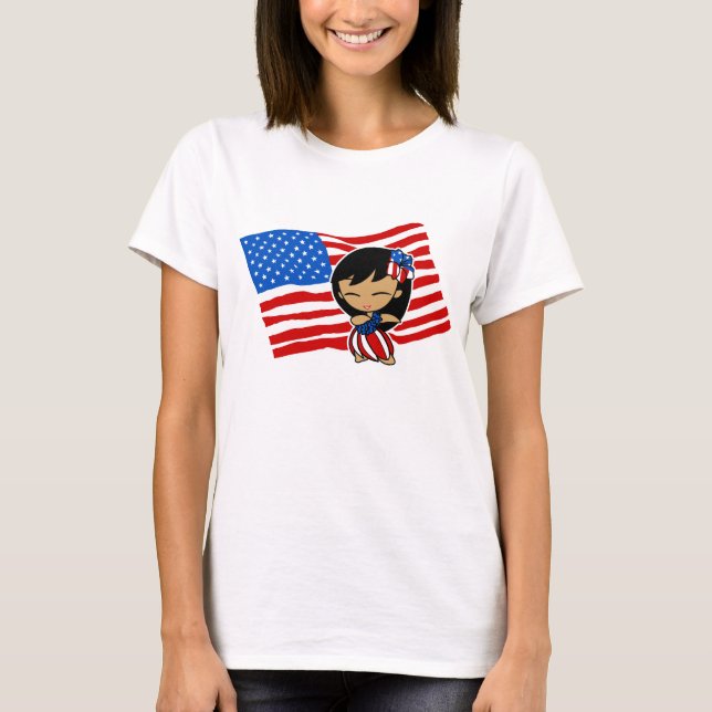 Aloha Honeys USA flagga Hula Girl T-shirts (Framsida)