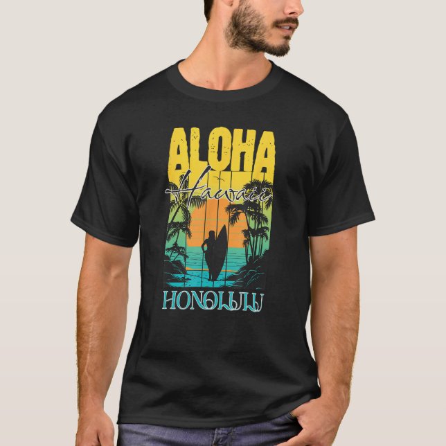 Aloha Honolulu Oahu Hawaii Surfer Sunset Waikiki B T Shirt (Framsida)