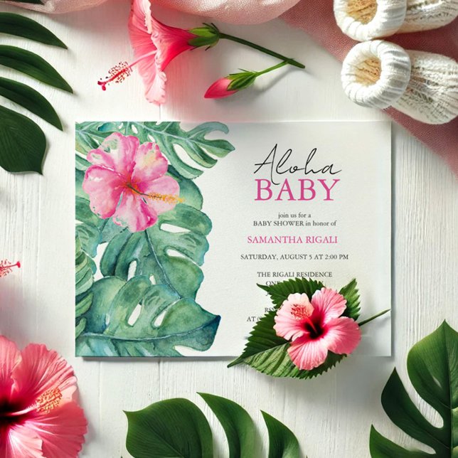 Aloha-inbjudningar till babyskor inbjudningar (Aloha baby shower invitations watercolor pink hibiscus and palm leaf art by Victoria Grigaliunas)