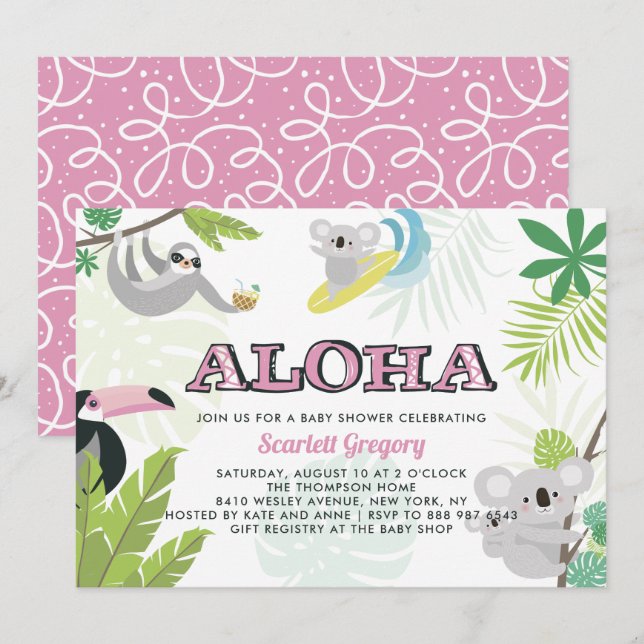 Aloha Koala Tropical Rosa Baby Shower-inbjudan Inbjudningar (Fram/baksida)