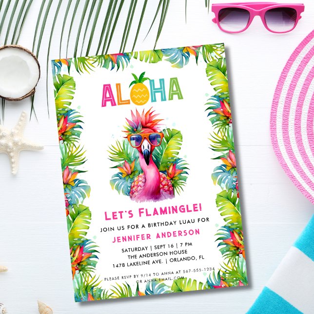 Aloha Låt oss Flamingle Tropical Flamingo Birthday Inbjudningar (Skapare uppladdad)