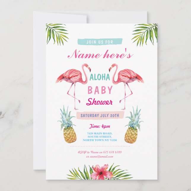 Aloha Laua för baby showerFlamingoananas inbjudan (Framsida)