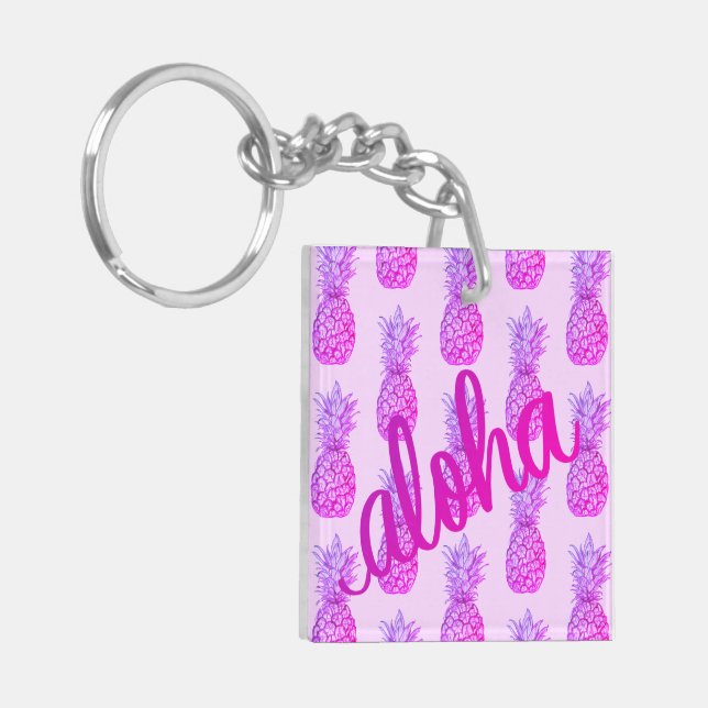 Aloha Lila Ananas Fyrkantig Nyckelring Mini (Vänstra Framsidan)