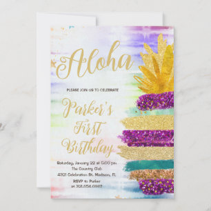 Aloha Lila Guld Rainbow Pineapple Birthday Inbjudningar