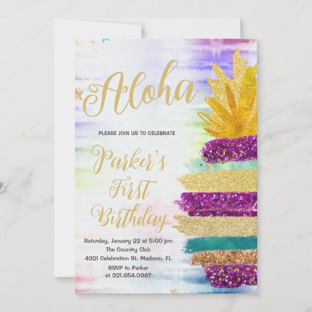 Aloha Lila Guld Rainbow Pineapple Birthday Inbjudningar (Framsida)