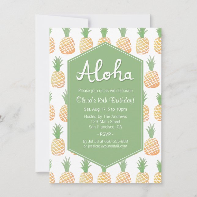 Aloha Luau Ananas Födelsedagsfest Inbjudningar (Framsida)