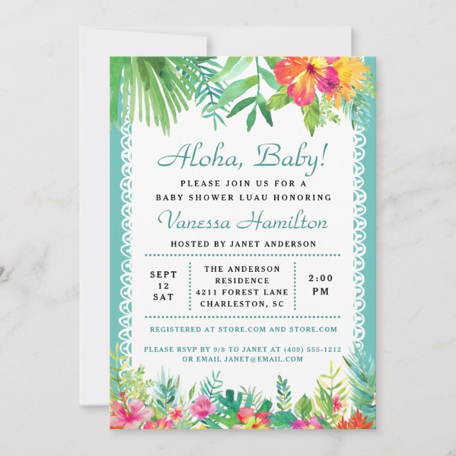 Aloha Luau Baby Shower Tropical Call Teal Inbjudningar (Framsida)