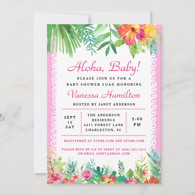 Aloha Luau Baby Shower Tropical Investigation Rosa Inbjudningar (Framsida)