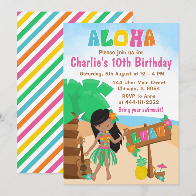 Aloha Luau Beach Birthday African American Girl in Inbjudningar (Fram/baksida)