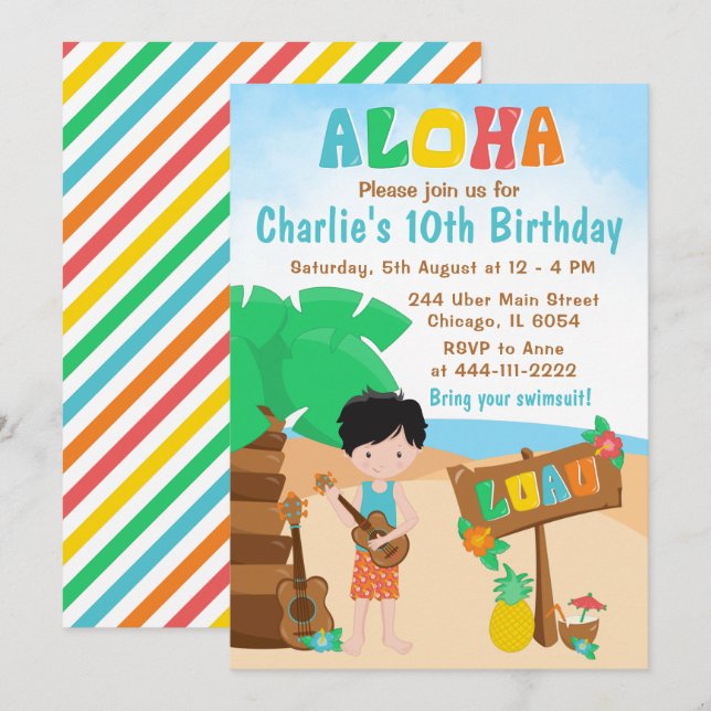 Aloha Luau Beach Birthday Black Hair Boy Invatio Inbjudningar (Fram/baksida)