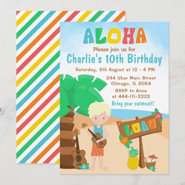 Aloha Luau Beach Birthday Blonde Hair Boy Invati Inbjudningar (Fram/baksida)