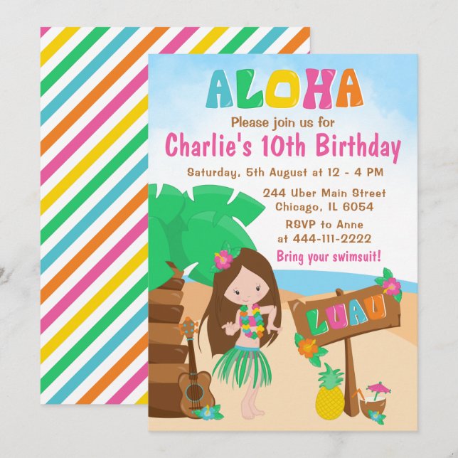 Aloha Luau Beach Birthday Brown Hair Girl Invati Inbjudningar (Fram/baksida)