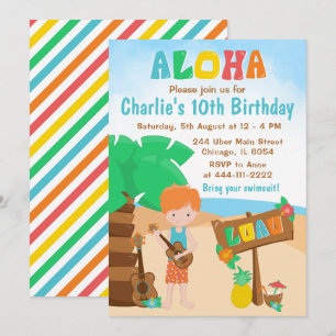 Aloha Luau Beach Birthday Red Hair Boy-inbjudan Inbjudningar