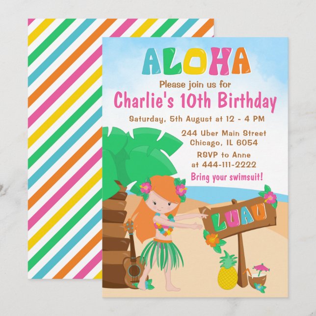 Aloha Luau Beach Birthday Red Hair Girl bjudande Inbjudningar (Fram/baksida)