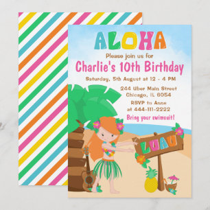 Aloha Luau Beach Birthday Red Hair Girl bjudande Inbjudningar
