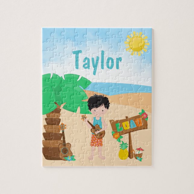 Aloha Luau Beach Black Hair Boy Jigszle Puzzle Pussel (Vertikal)