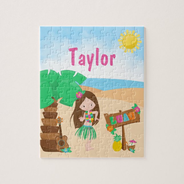 Aloha Luau Beach Brown Hair Girl Jigszle Puzzle Pussel (Vertikal)