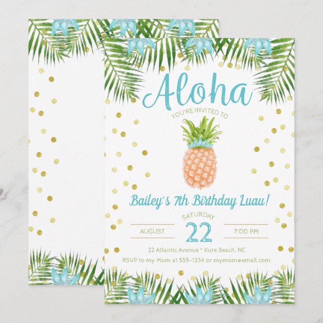 Aloha Luau Birthday Tropical Pineapple in Blue Inbjudningar (Fram/baksida)