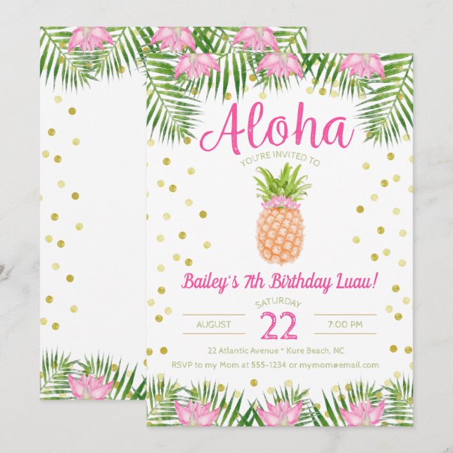 Aloha Luau Birthday Tropical Pineapple in Rosa Inbjudningar (Fram/baksida)