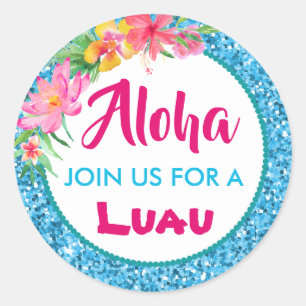 Aloha Luau Blå Glitter Tropisk Hibiskus Klassisk Runt Klistermärke