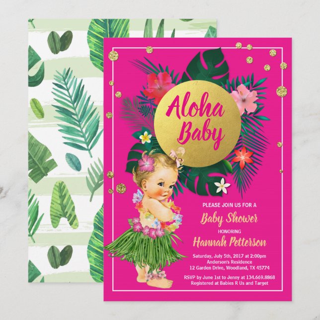 Aloha luau flicka-duschinbjudan shock rosa inbjudningar (Fram/baksida)