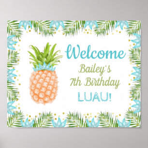 Aloha Luau Födelsedagsfest Decor Blue Guld Välkomm Poster