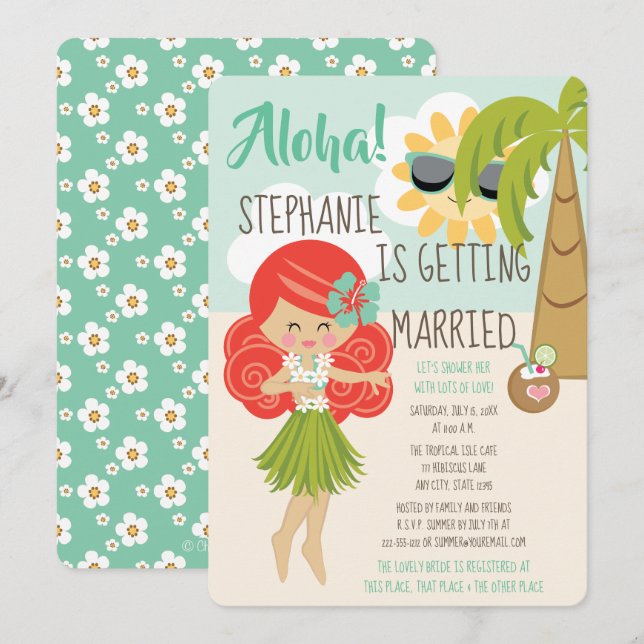 Aloha Luau Möhippa Rödhårig Inbjudningar (Fram/baksida)