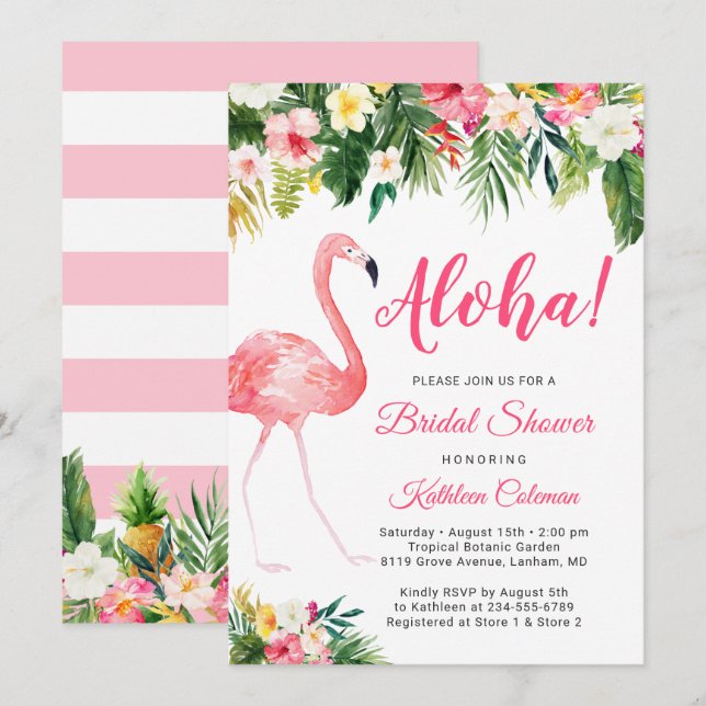 Aloha Luau Möhippa Tropical Blommigt Flamingo Inbjudningar (Fram/baksida)