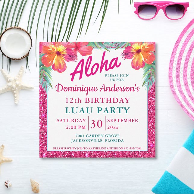 Aloha Luau Rosa Glitter Tropical Hibiscus Square (Skapare uppladdad)